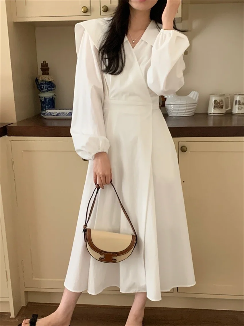 

Alien Kitty Spring Solid Long Dress Women Sailor Collar Sweet New Gentle 2024 Slim Full Sleeve Office Lady Camping Minimalist