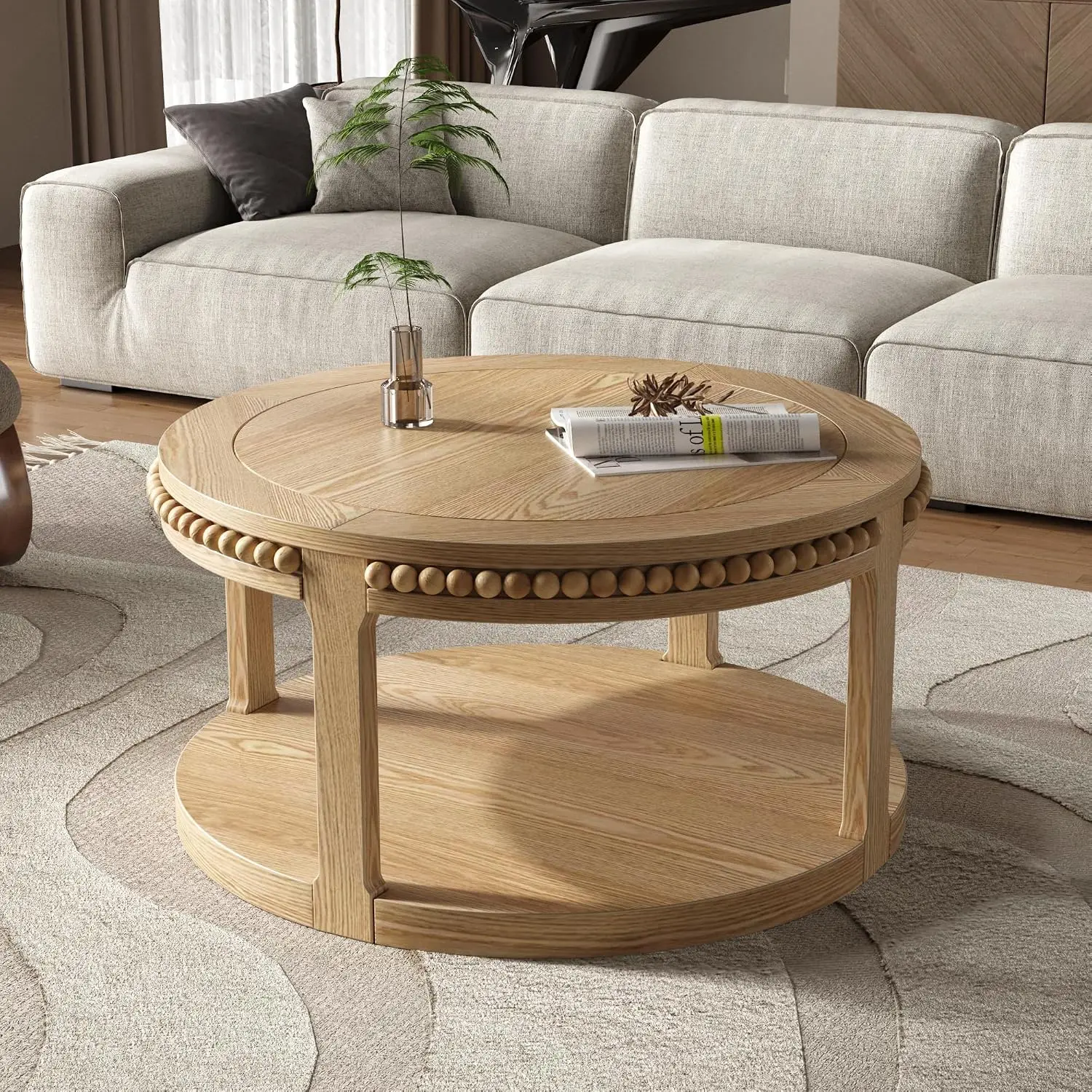 Round Wood Coffee Table, Farmhouse Rustic Circle Coffee Tables, 2-Tier Solid Wood Coffee Table for Living Room Apartment Office-