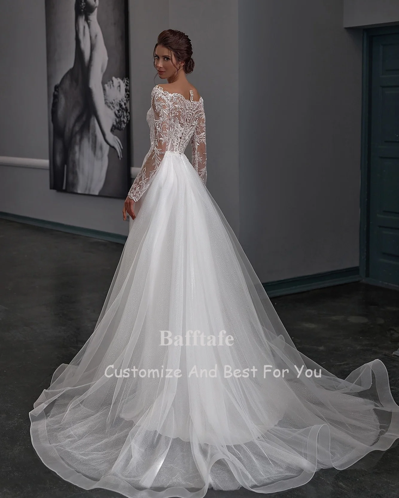 Bafftafe Sparkle Tulle Wedding Dresses Customized Appliques Lace Long Sleeves Bridal Gowns Formal Wedding Photo Shoot Dress 2025