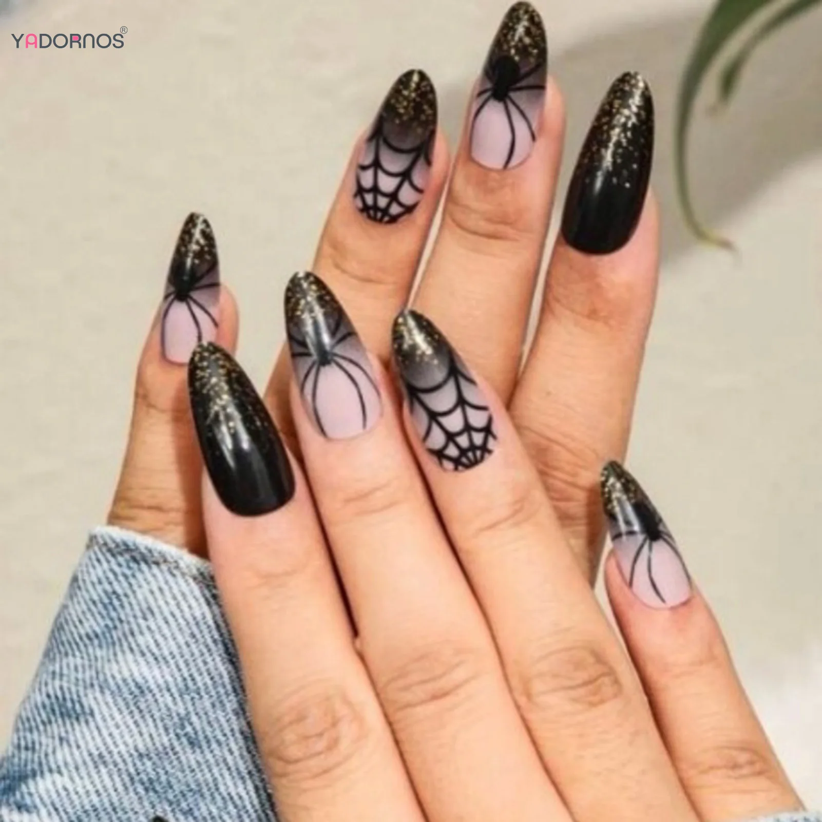 24pcs Black Spider Net Press On Nails French Style Golden Powder Design Gliiter Fake Nail Patches Almond Halloween Fake Nail Tip