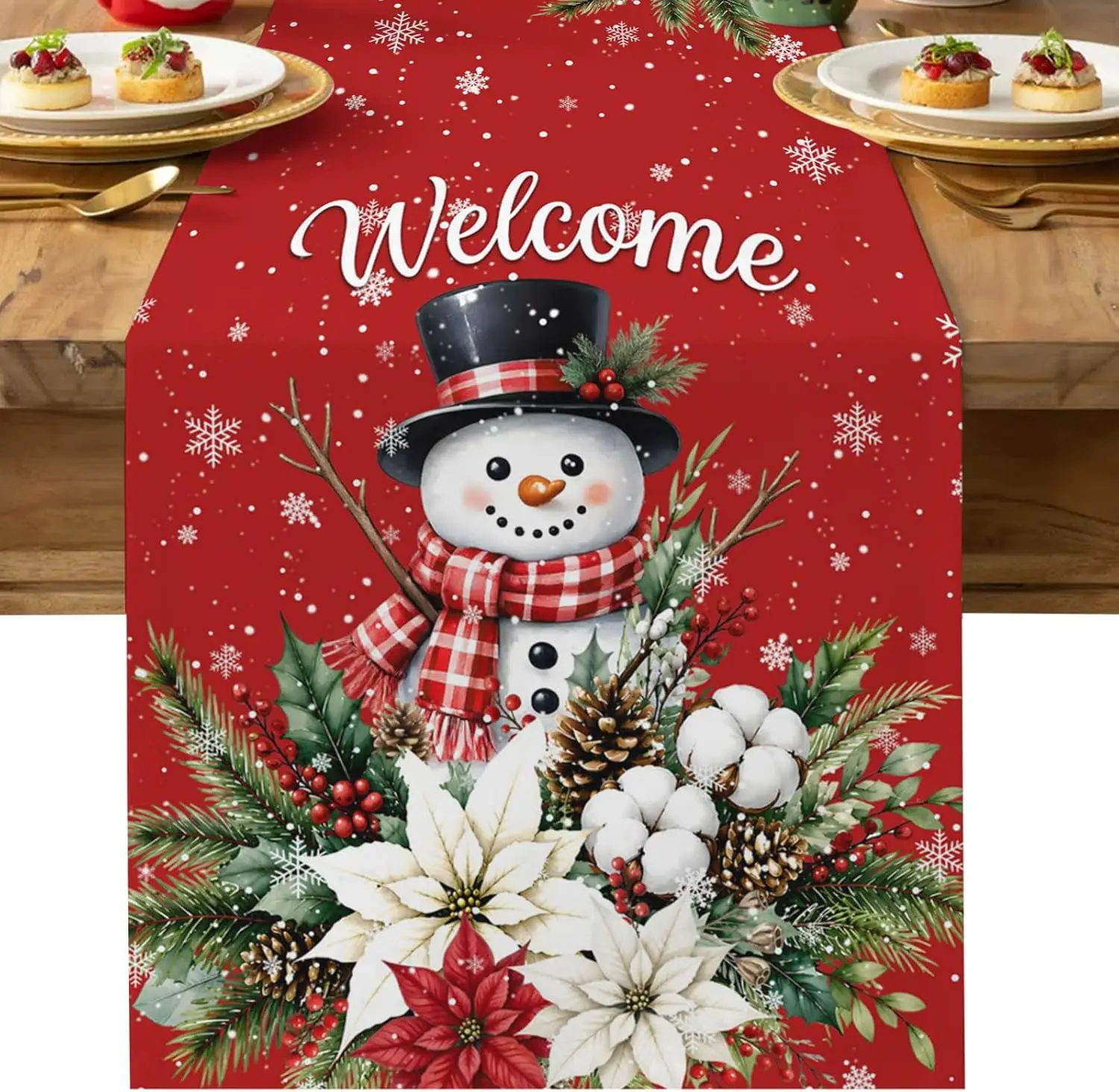 Christmas Snowman Poinsettia Pine Needle Table Runner Party Decor Washable Kitchen Dining Table Runner Christmas Decorations
