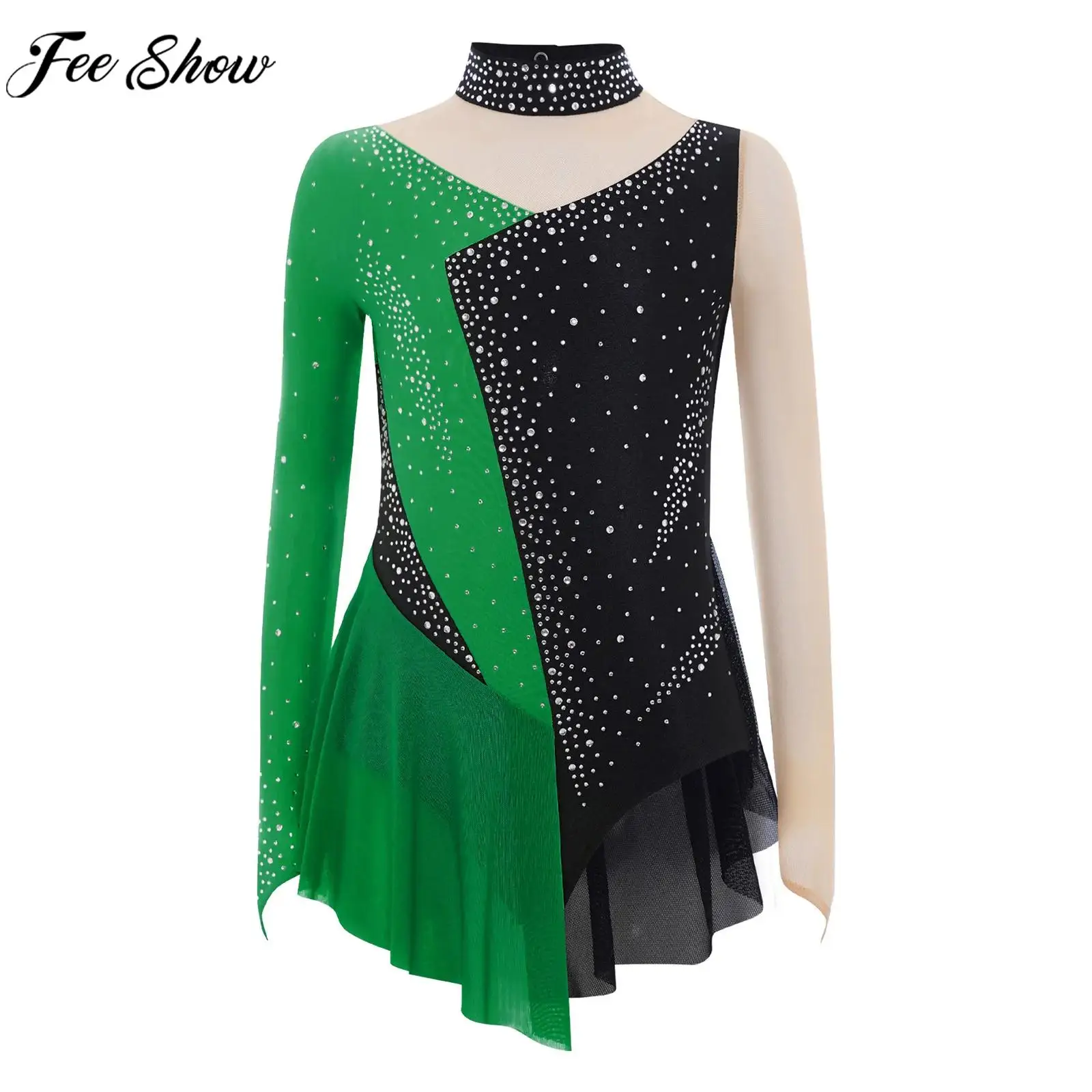 Girls Figure Skating Lyrical Dance Ballet Gymnastics Acrobatics Costume Long Sleeve Shiny Rhinestones Sheer Mesh Leotard Dress