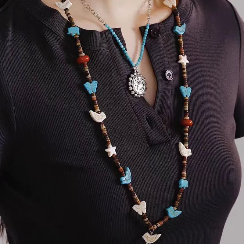 Niche brand trend necklace, tropical zoo colored natural stone beaded dopamine long stackable necklace