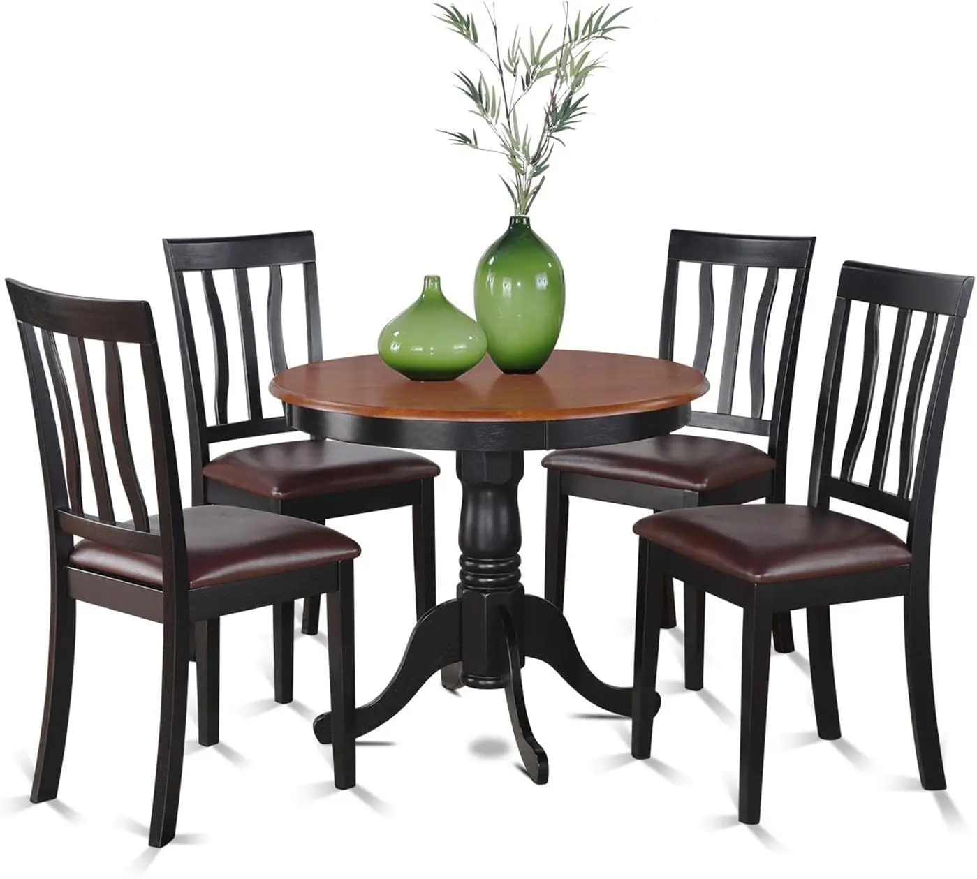 Antique 5 Piece Dining Set for 4 Includes a Round Kitchen Table with Pedestal and 4 Faux Leather Upholstered Dinette Chairs