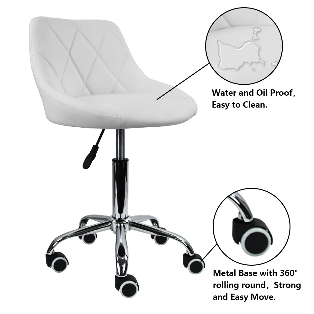 Mid Back PU Leather Height Adjustable Swivel Modern Task Chair Computer Office Home Vanity Chair with Wheels White