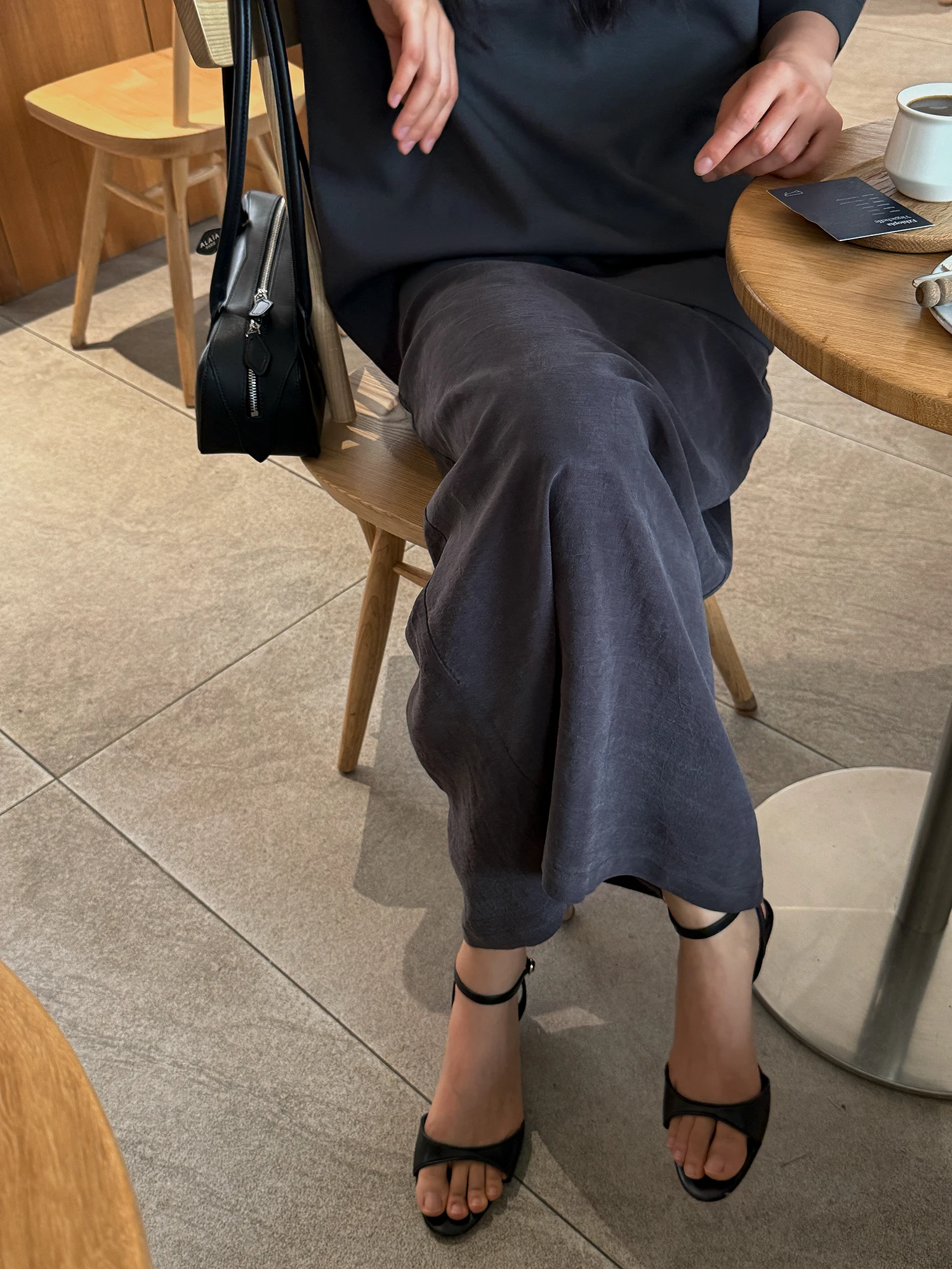

YUMISOME Summer Ruched Waist Draped Long Skirt High Waist A-Line Loose Fit Pure Color Lenzing Lyocell 81% Lin 19%