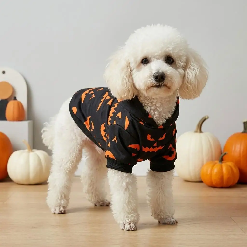 Halloween-Hundepullover mit Kürbisgesicht, Kapuzen-Sweatshirt für Haustiere, Welpen-Kapuzenpullover, Cosplay-Kostümkleidung für kleine und mittelgroße Hunde und Katzen – Detail 1