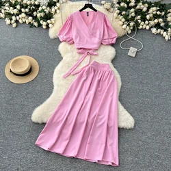 2025 New Summer Chic Elegant OL Sets Women Puff Sleeves Lace Up Slim Mini Tops+Elactic Waist Long Skirts Trend Fashion Suits