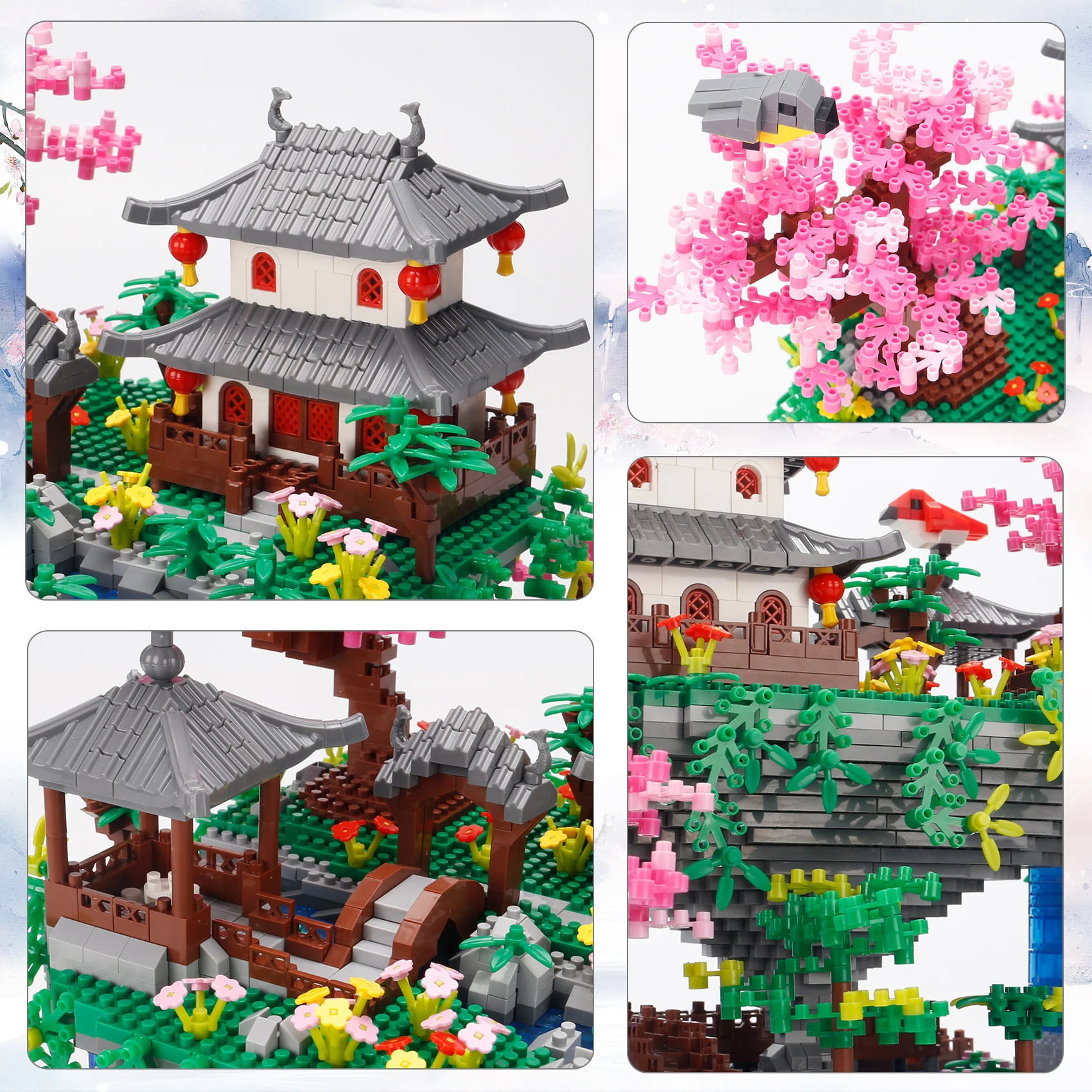3320PCS Diamond Bricks Sakura Tree House Building Blocks Chinese Garden Architecture Waterfall DIY Assemble Toys Gift For Adult
