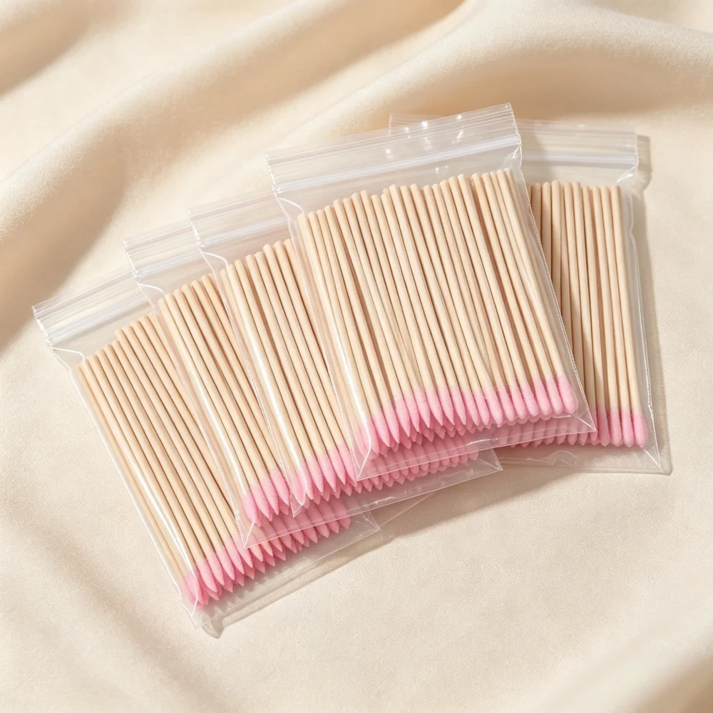 Disposable7cmPink Pointed Cotton Swabs,Wood Stick Precision Cotton Buds in Zip Pouch for Eyebrow Eyeliner Makeup Touch‑Up,Tatton