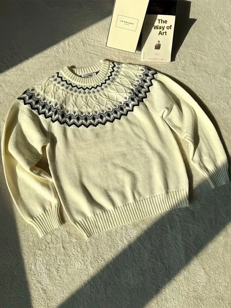 

Тяжелый свитер в стиле ретро Fair Isle Knit круглый свитер Ne Свободный повседневный свитер с базовым слоем Cleanfit Удобный мягкий геометрический свитер