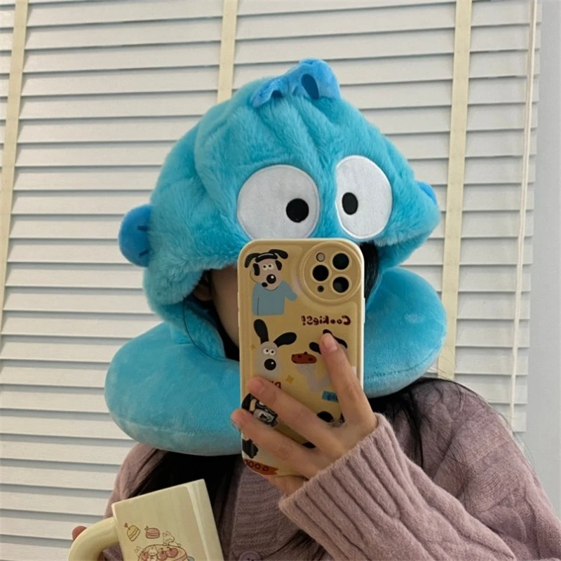 Cartoon Hangyodon U-shaped Hooded Neck Pillow Stuffed Anime Travel Blackout Nap Pillow Office Japanese style Pillow With Hat