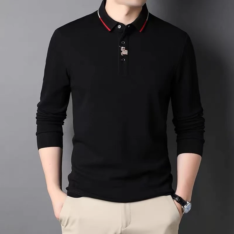 100% Cotton High end Brand POLO Shirt Men\'s Long sleeved 2024 Spring New Exquisite Stripe Embroidered Fashion Business T-shirt