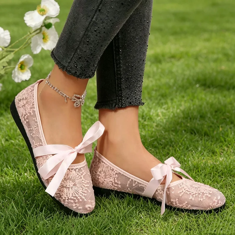 

CLAREGQI Black Pink White Round Toe Embroidery Lace Ballet Flats Women Satin Bow Strap Breathable Mesh Soft Sole Daily Wear Mar