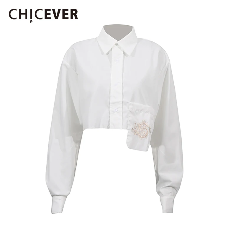 

CHIEVER White Spliced Pocket Female Shirt Lapel Long Sleeve Spliced Single Breasted Loose Elegant Short Style Women's Shirt New