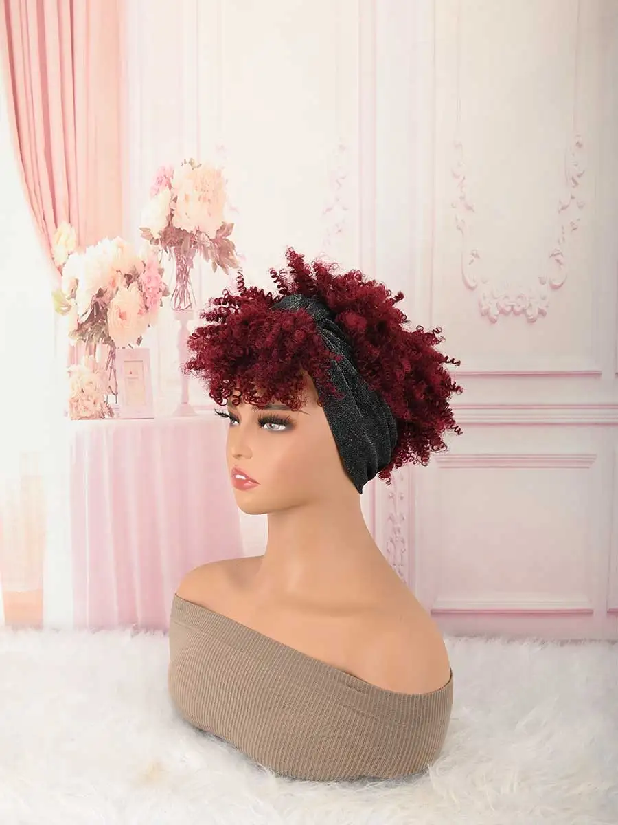 Headband Wig Curly Headband Wig With Bangs For Women Synthetic Afro Curly Hair Wig With Headband Attached Short Kinky
