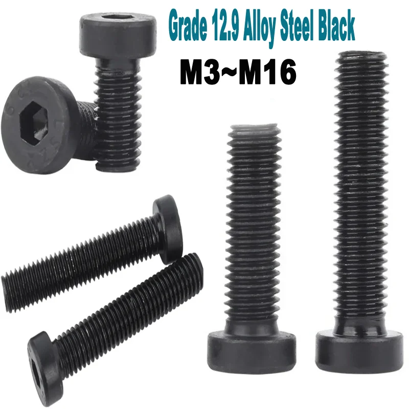 DIN7984 Grade 12.9 Black Hex Socket Thin Head Allen Screws - M3-M16 Low Profile Carbon Steel Cap Bolts
