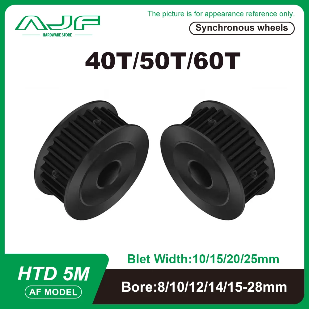 

40T 50T 60Teeth HTD 5M Black Steel Timing Pulley AF Type Synchronous Wheel for Belt Width 15/20/25mm Bore 10-28mm Ptich 5mm