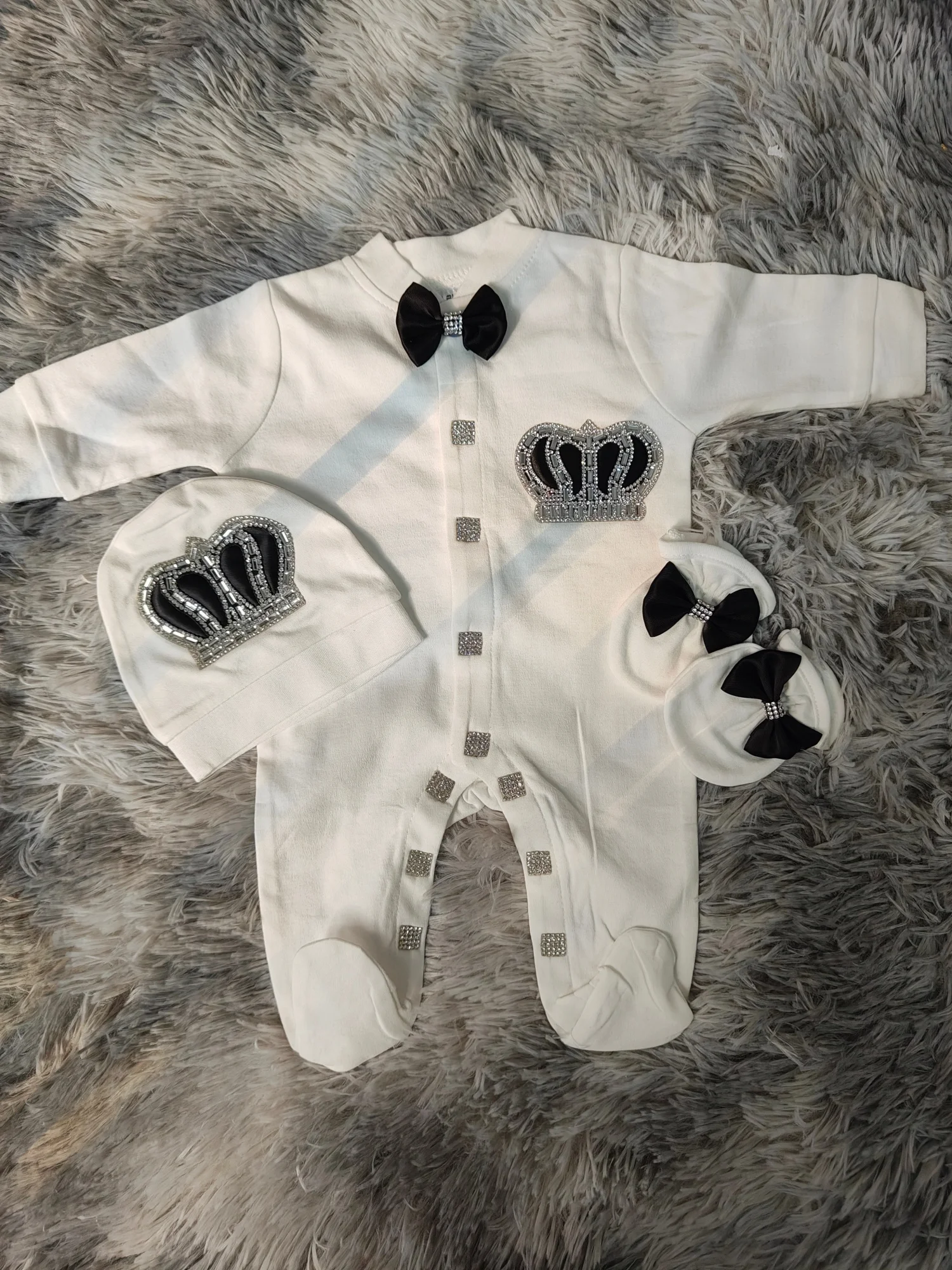 Baby Footed Romper Newborn 0-9 Months 3Pcs White Black Prince Crown Bow Royal Baptism Boutique Baby Gifthower Gift