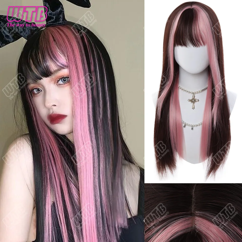 Pink Black Highlight Synthetic Lolita Wig Women's Long Straight Wig With Straight Bangs Suitable For Festivals Daily Wear