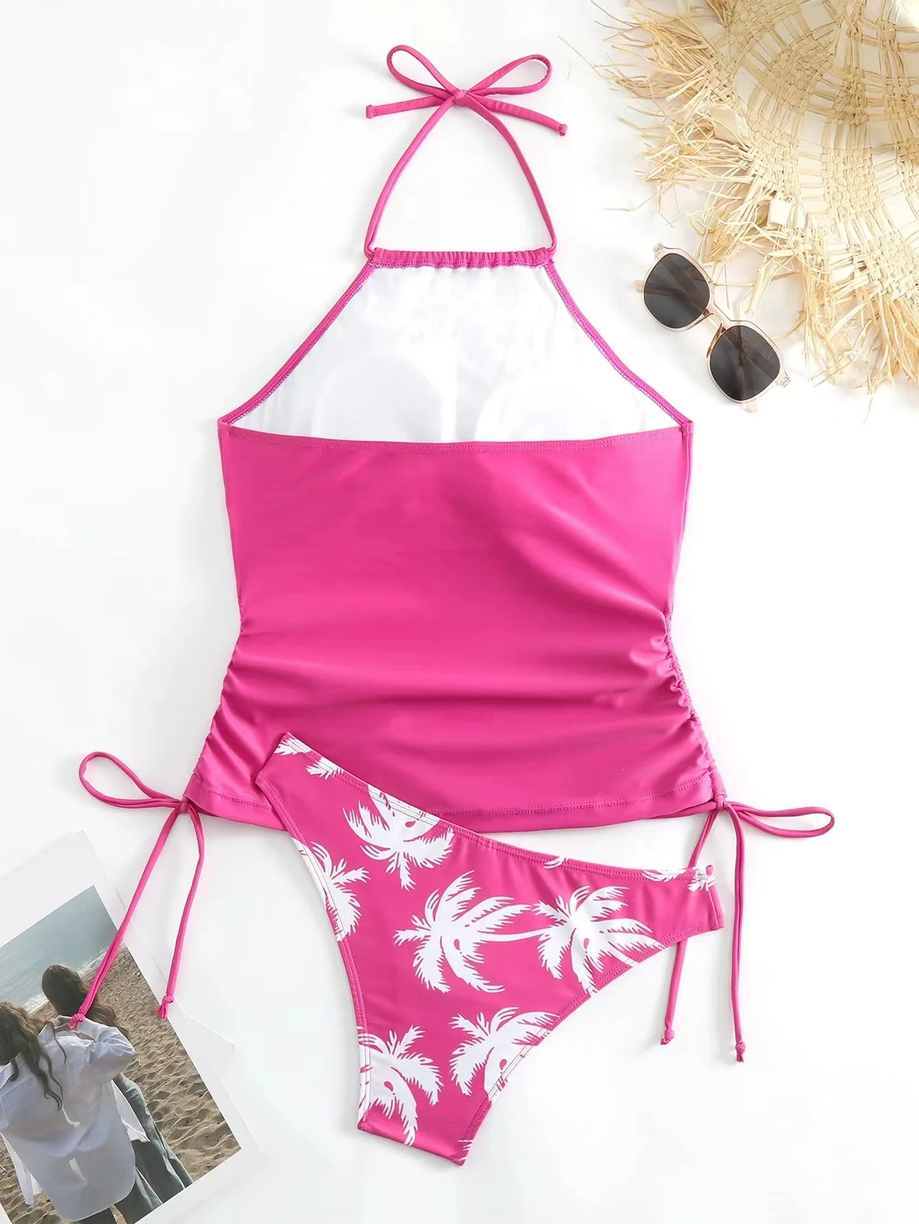 2025 Conjunto de Tankini con estampado liso para mujer, traje de baño Sexy con cuello Halter atado, traje de baño para mujer, bikinis de verano sin espalda, traje de baño para playa, nuevo