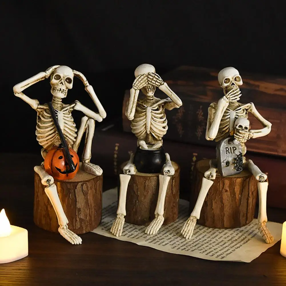 Skull Displays Halloween Skeleton Statue Set with Pumpkin Tombstone Resin Figurines for Home Decor See Speak Hear No Evil