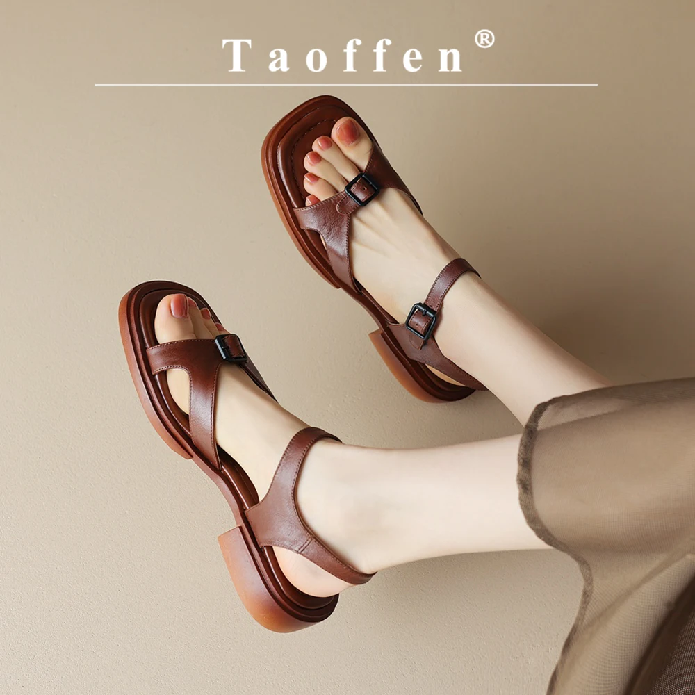 Taoffen New Genuine Cow Leather Sandals Women Low-heeled Gladiator Sandals Casual Peep Toe Vintage Roma Buckle Strap Sandals