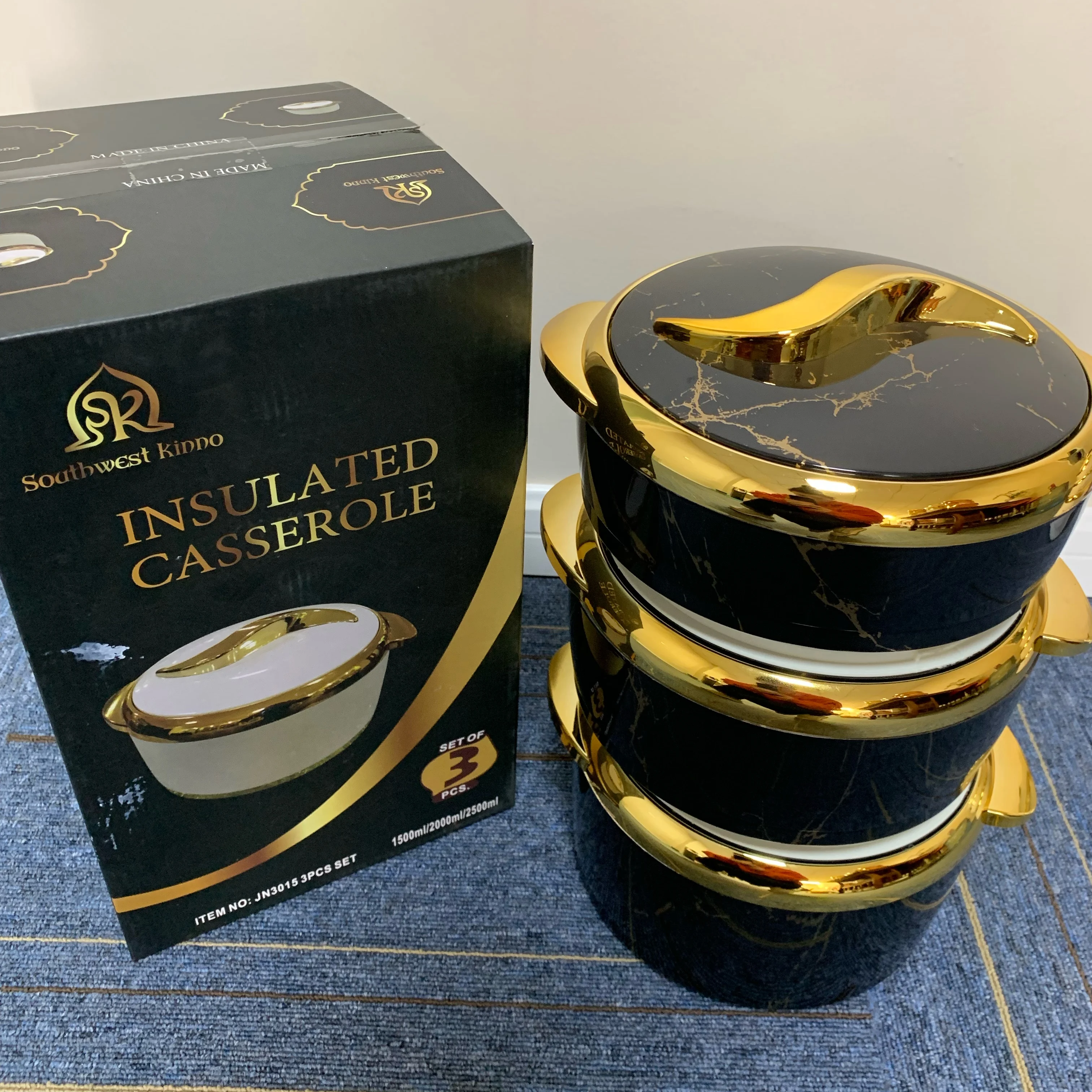 3Pcs 1.5L 2L 2.5L Insulated Casserole S Shaped Gold Knob Wide Gold Rim Stackable Food Warmer Muslim Ramadan Iftar Africa Event