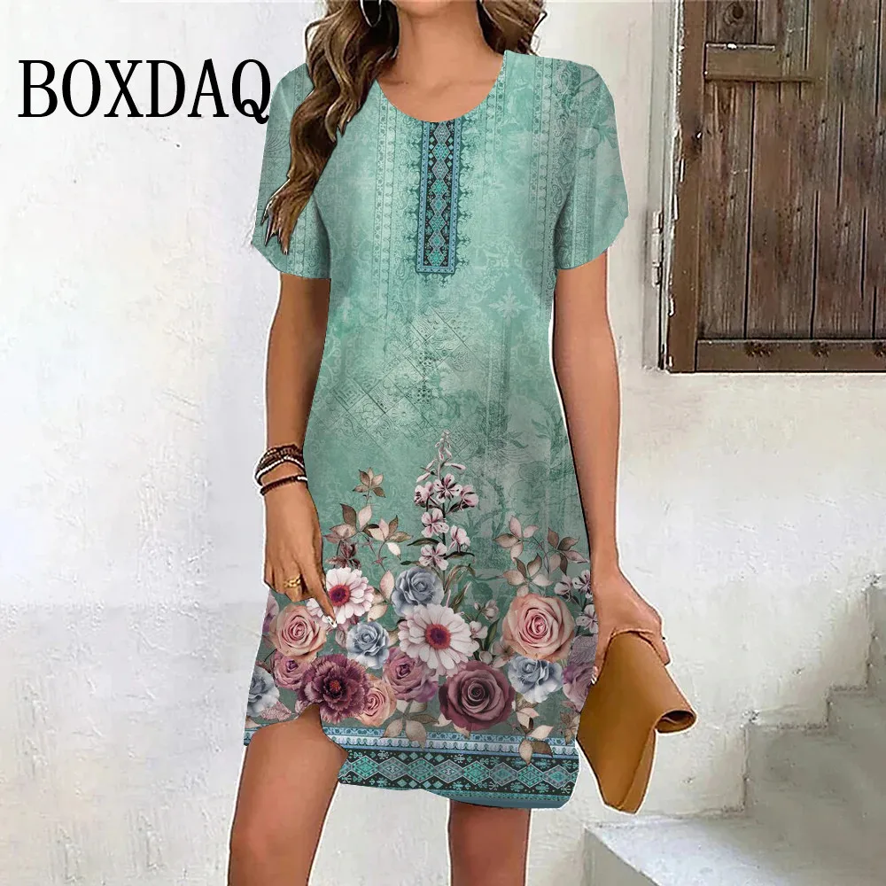 

Ethnic Style Flower 3D Printed Women's Dress Vintage Sundress Loose Short Sleeve Dress Casual Summer Fashion Ladies New Dresses