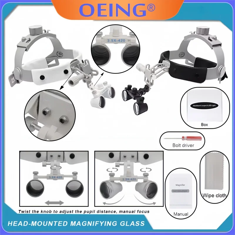 

2.5X/3.5X Dental Surgical LED Headlight Headband Binocular Loupes 5W Ajustable Brightness Spotlight Carton Box