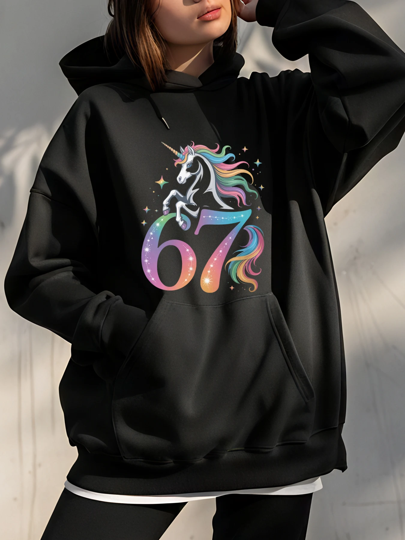 

Halloween 67 Hands Print Hoodie Loose Fit Casual Ins Style Graphic Sweatshirt Women Streetwear Party Outfit