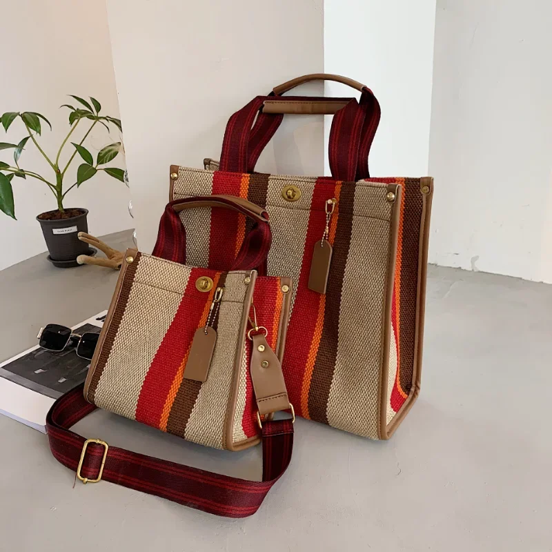 Luxury Designer Tote Bags Women's Large Capacity Shoulder Bag Messenger Bags Retro Striped Female Bags Casual Canvas Handbags