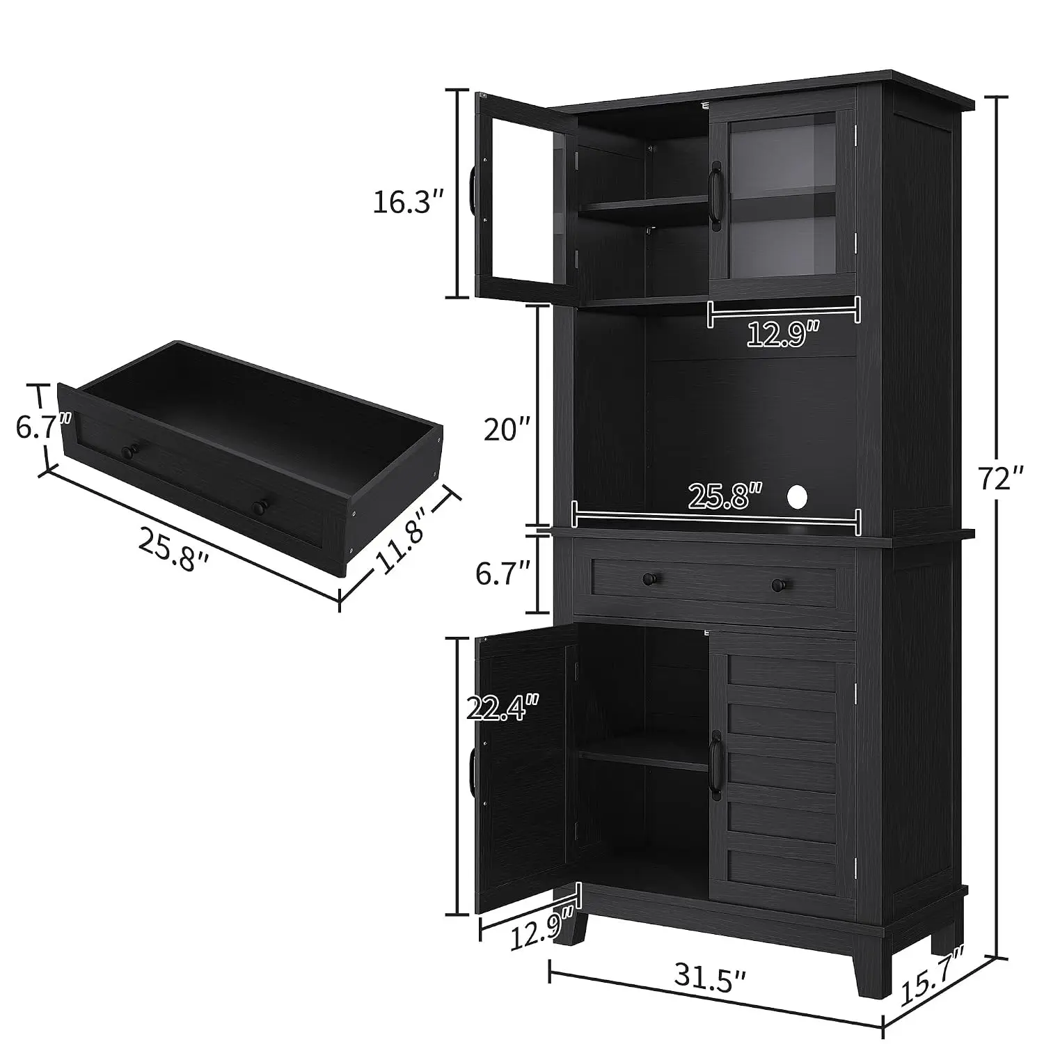 72 Inch Black Farmhouse Coffee Bar Cabinet with 4 Doors, Drawers, Microwave Stand, Metal Handles, Kitchen Pantry Storage Hutch