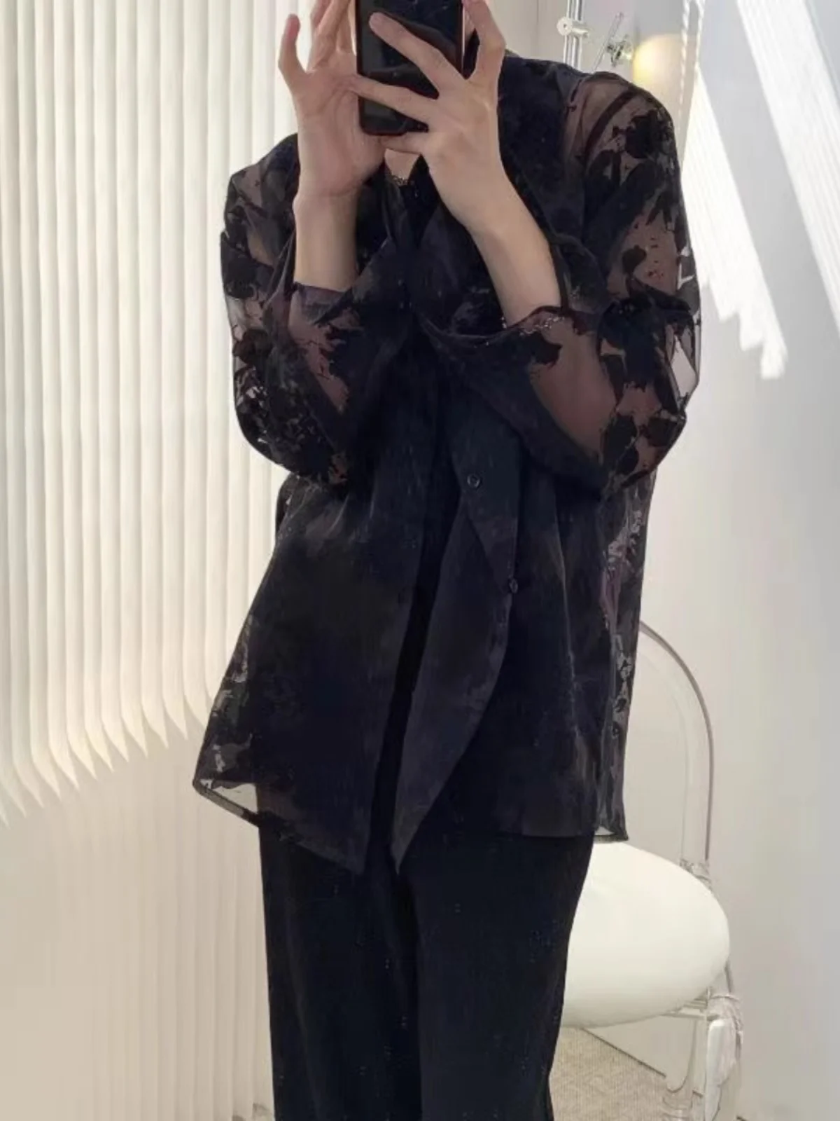 

Мужская летняя рубашка с длинным рукавом, свободная, повседневная, из прозрачного кружева, в корейском стиле, универсальная, с защитой от солнца