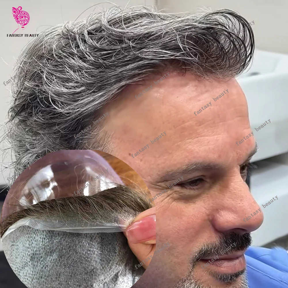 

80%Density 0.02mm Invisibility Thin Skin Prosthetic #1b40 Grey Black Male Toupee 100% Human Hair For Men's Capillary Prosthesis