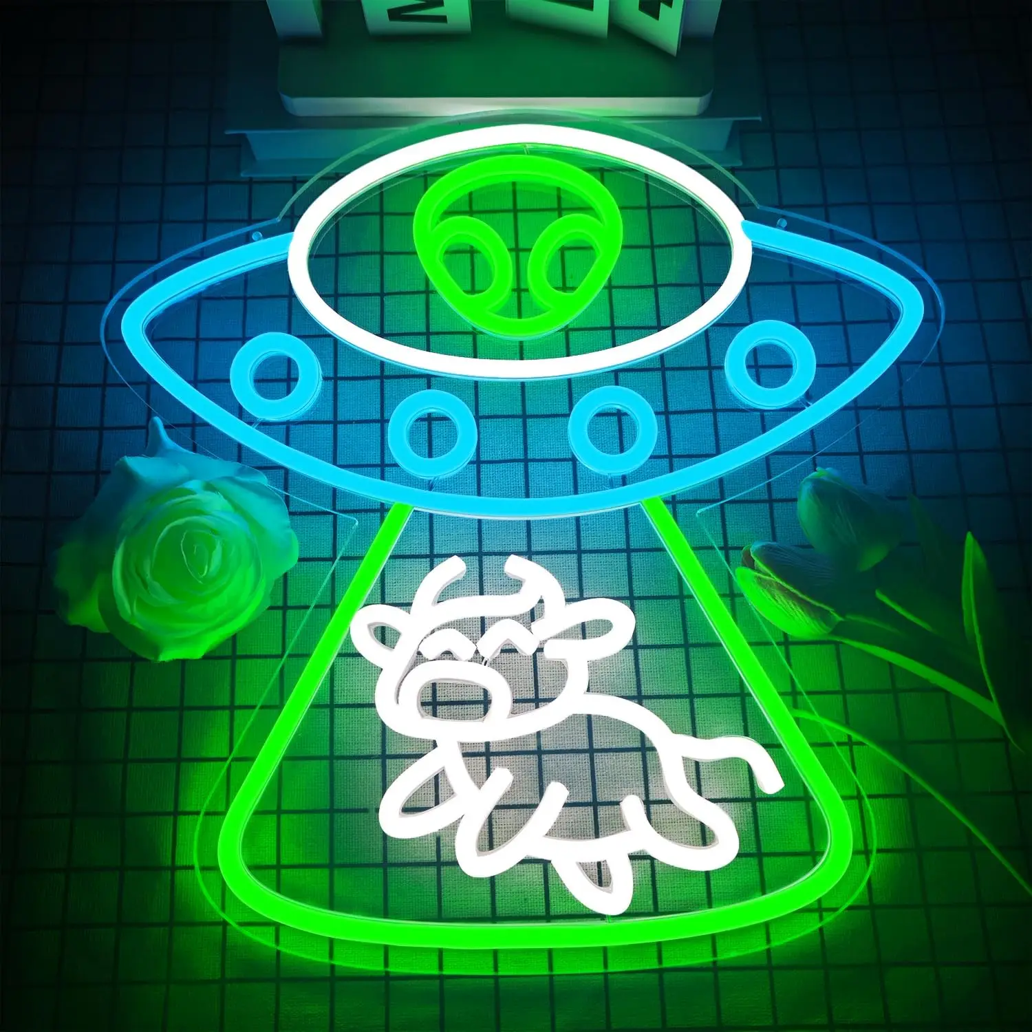 Alien UFO Neon Sign Dimmable LED Neon Light for Bedroom Man Cave Alien Spaceship Cow Wall Decor Kids Birthday Gift USB powered