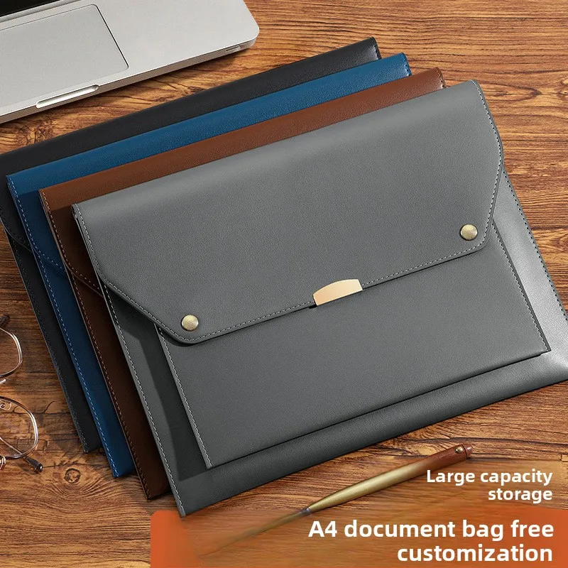 PU Leather Magnetic Document Bag A4 File Pouch Waterproof Business Portfolio Holder with Card Slots Large Capacity Storage Case