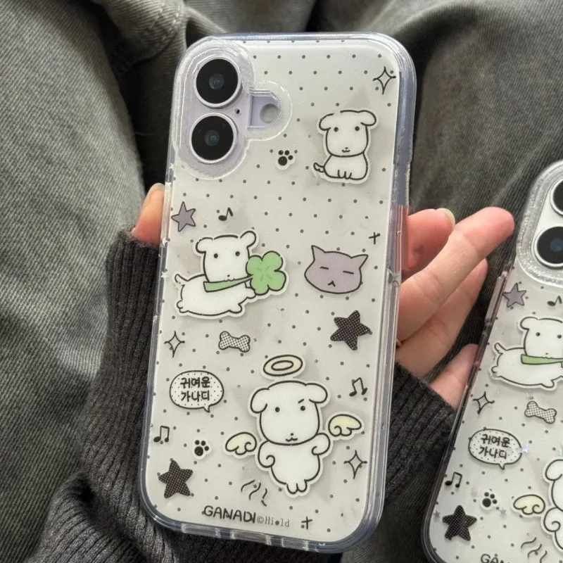 Capa de Celular Coreana Fofa com Estampa de Cachorrinho de Cabeça Grande e Poás para iPhone 17 Air 16 15 14 13 12 11 Pro Max 16e 17e X XR XS Max 7 8 Plus