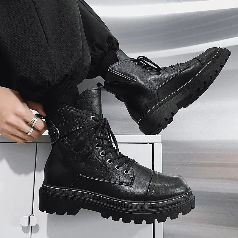 2023 Autumn Winter Fashion Boots for Men Black Casual Lace-up Outdoors Men New Leather Boots Zipper Motorcycle Men Ankle Boots