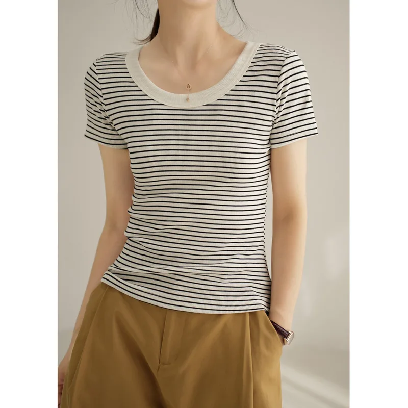 

Summer Long Staple Cotton Striped Short Sleeve T-shirt Women Round Neck Elastic Slim Basic Female Tops