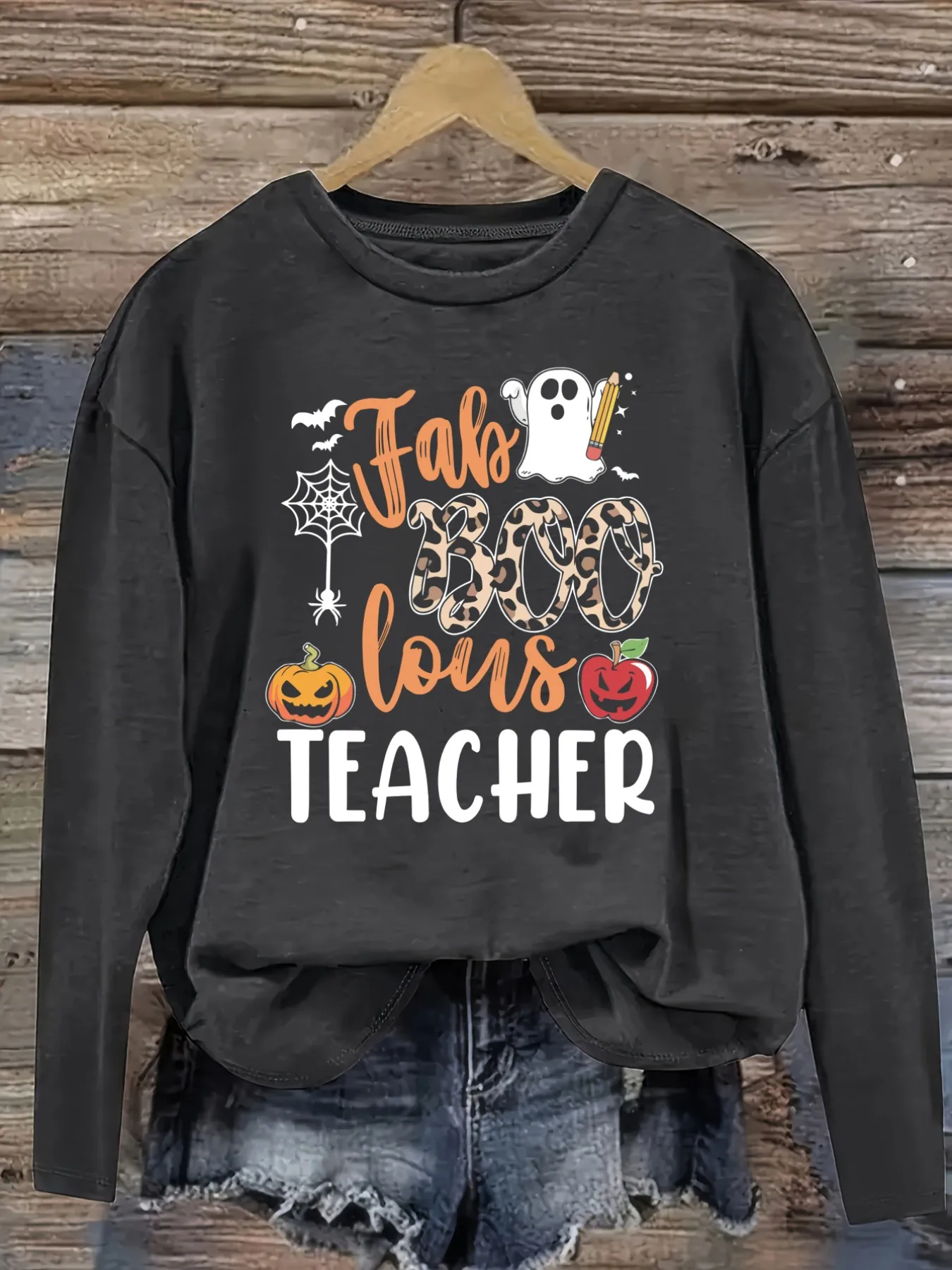 Women's Casual Long Sleeve Crew Neck T-Shirt Fab Boo Lous Teacher Print Design, Round Neck Women's Clothing, Machine Washable, Slightly Elastic, Loose Fit, Spring Autumn Winter Women's T-Shirt, Halloween Costume Outfit
