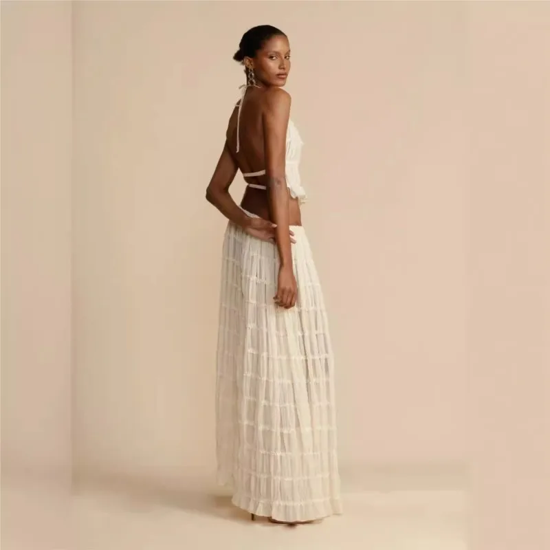 Fashion Long Skirt Set Women Sexy Sleeveless Backless Cropped Halter Top High Waist Skirt 2 Piece Sets Lady Chic Beach Dresses