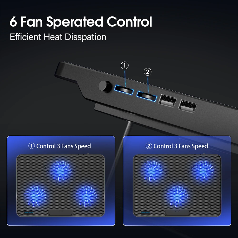 Coolcold Almohadilla de enfriamiento para computadora portátil de 15,6-17,3 pulgadas con 6 ventiladores silenciosos, velocidad del viento de 7 alturas ajustables, portátil Cooer con soporte para teléfono móvil