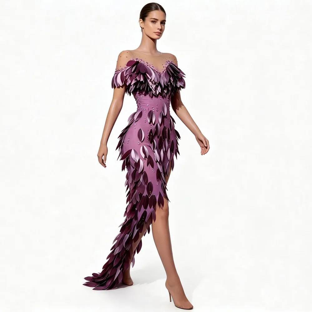 Vestido Largo de Malla con Abertura Alta y Hojas Moradas Brillantes, Sin Mangas, Ajustado, para Fiesta, Club Nocturno, Estilo Celebridad, Asimétrico