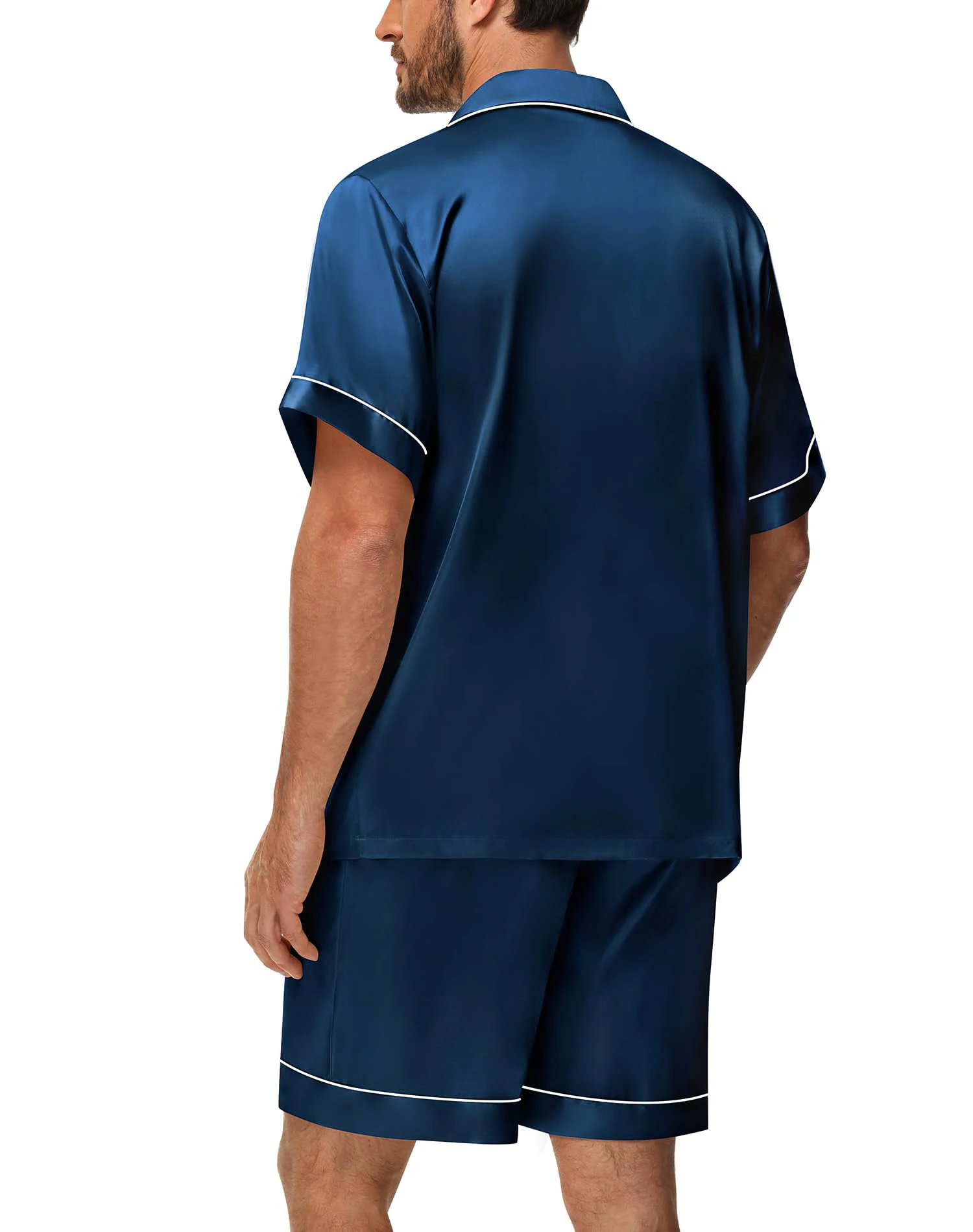 2-teiliges Pyjama-Set aus seidigem Satin für Herren, kurzärmeliges Hemd mit Revers, Brusttasche und Shorts, glatte Haptik, weiche Nachtwäsche, gemütliche Nachthemden – Detail 14