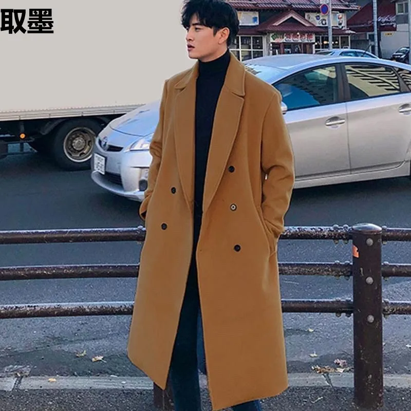 

Men's Winter Thickened Woolen Coat Long Casual British Style Windbreaker Overknee Korean Version Cleanfit Polyester Fiber