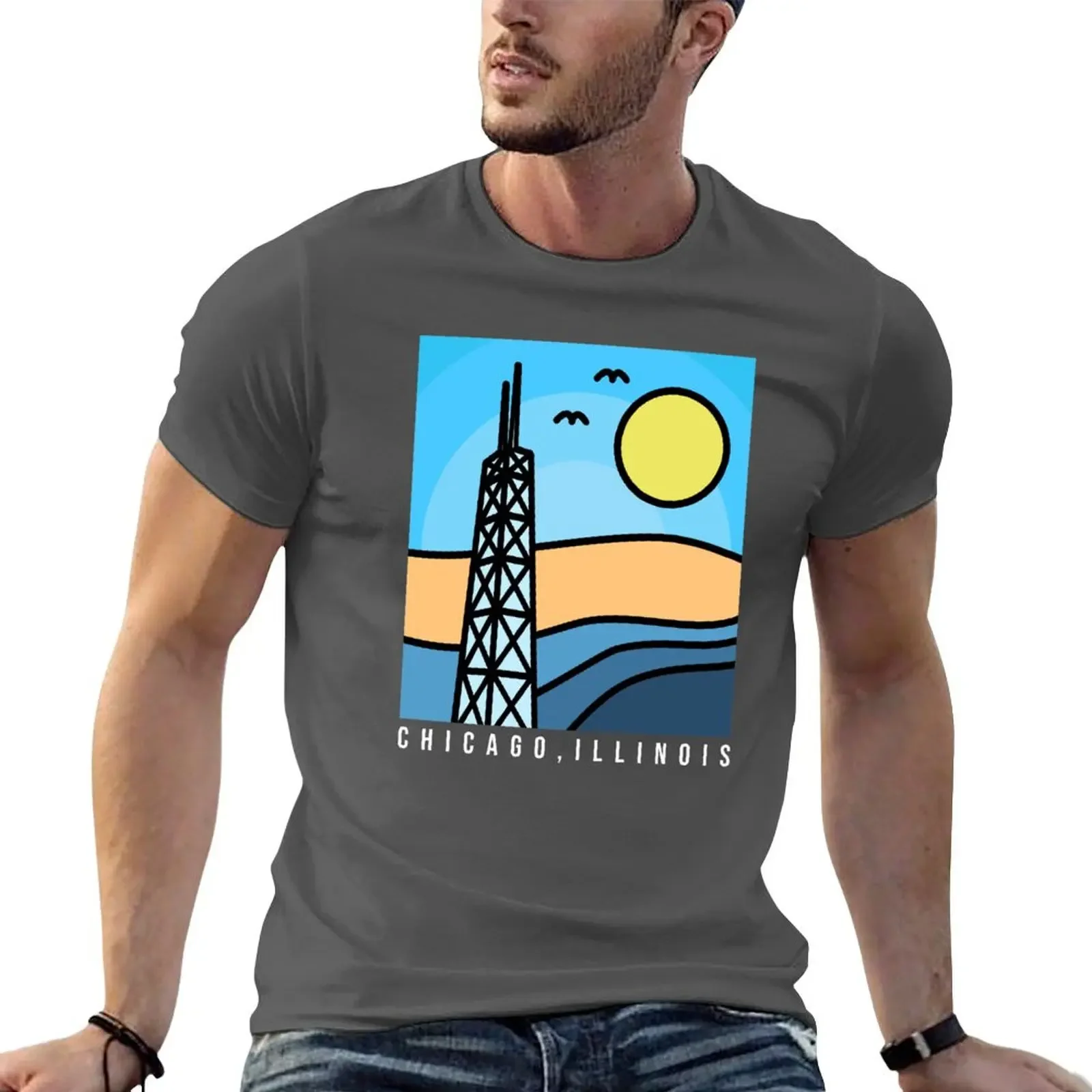 

CHICAGO, ILLINOIS - Vintage HANCOCK Tower Design T-shirt kawaii clothes sports fans customs cute tops Men's t-shirts