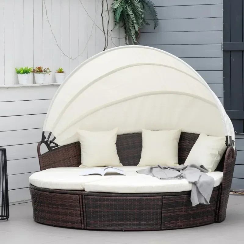 Round Outdoor Sectional Sofa Set Rattan Daybed Sunbed with Retractable Canopy, Separate Seating and Removable Cushion (White)