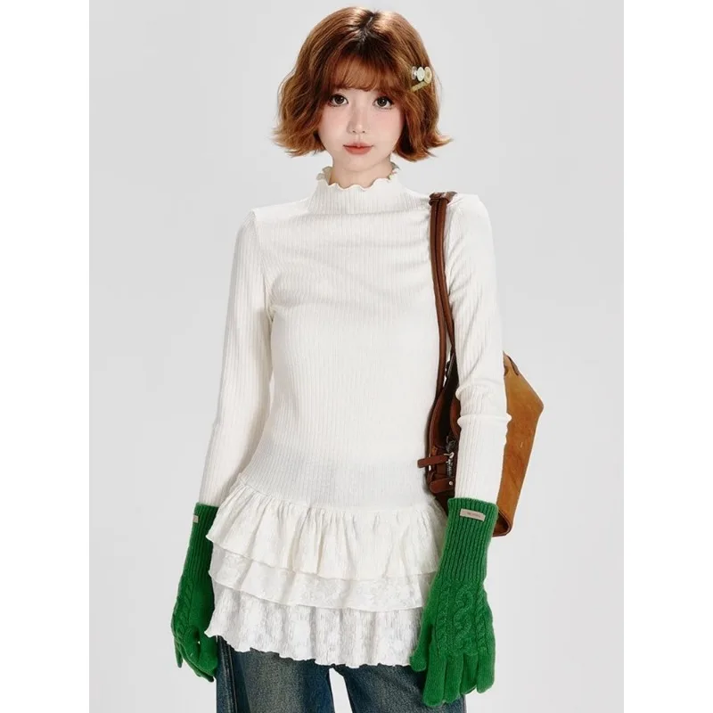 Women Autumn Winter Mock Neck Long Sleeve Top Multi Layer Ruffle Hem Slim Fit Layering Base Shirt