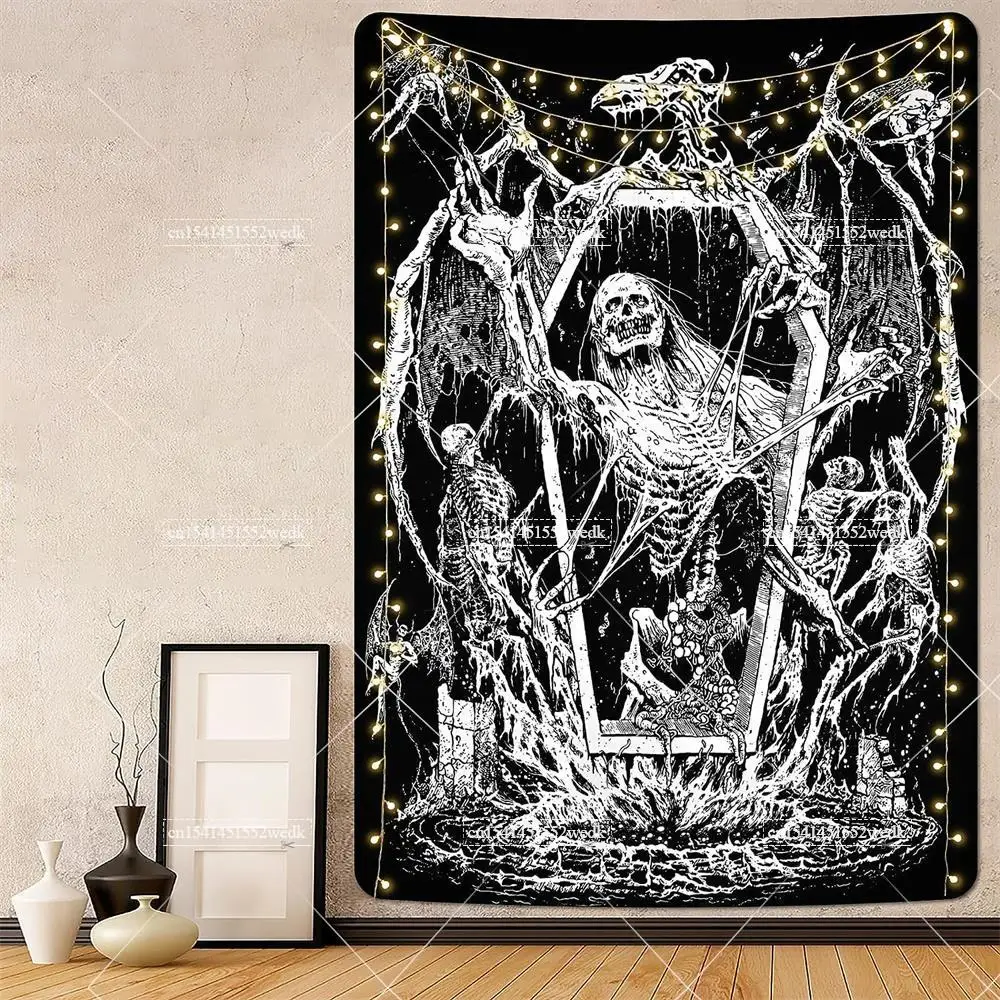 Gobelin z gotyczną czaszką diabeł satanistyczne tastestrys na ścianę wiszące gobeliny do sypialni estetyczne dekoracje domowe